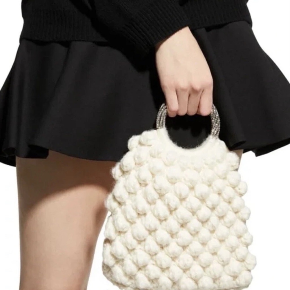 Gedebe Cream Ivory Sachet Crochet HandBag Purse Crystal Handles Neiman Marcus